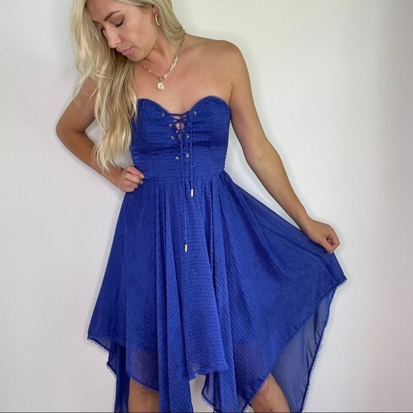 House Of Harlow x Revolve Blue Strapless Lace Up Dress Size Medium - Picture 3 of 14